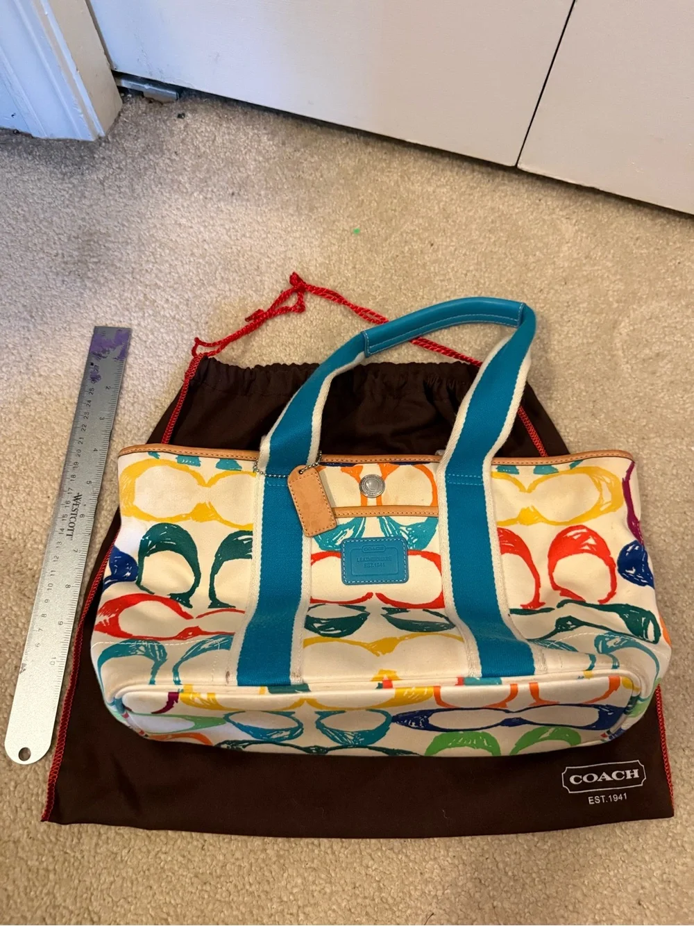 Coach Multicolor Canvas Tote with Teal Straps